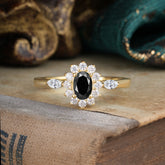 Vintage Halo Cluster Oval Cut Black Onyx Engagement Ring
